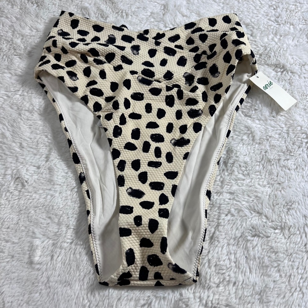 Aerie High Cut Cheeky Bikini Bottom Small Cream Black Polka Dot Textured NWT